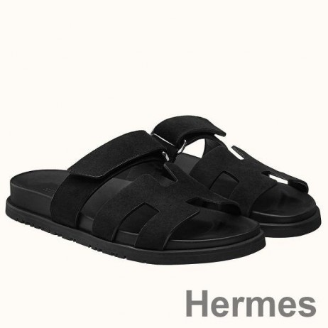 Hermes Women's Chypre Sandals In Black Suede Calfskin
