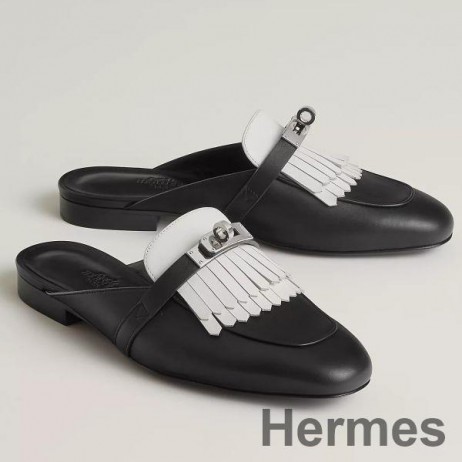Hermes Women's Oz Mules with Fringed in Black/White Leather