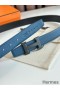 Hermes H Reversible 32MM Belt with Matte Buckle in Blue Clemence Leather