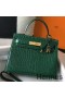 Hermes Kelly 25cm Handmade Bag In Green Embossed Crocodile Leather