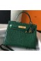 Hermes Kelly 25cm Handmade Bag In Green Embossed Crocodile Leather