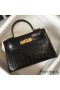 Hermes Kelly Mini II Bag In Black Embossed Crocodile Leather