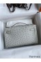 Hermes Kelly Pochette Handmade Bag In Pearl Grey Ostrich Leather