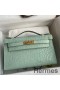 Hermes Kelly Pochette Handmade Bag In Vert D'eau Matte Alligator Leather