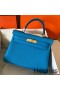 Hermes Kelly Retourne 28 Handmade Bag In Blue Zanzibar Clemence Leather