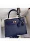 Hermes Kelly Sellier 25 Handmade Bag In Blue Iris Ostrich Leather