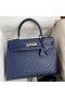 Hermes Kelly Sellier 32 Handmade Bag In Blue Iris Ostrich Leather