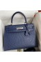 Hermes Kelly Sellier 32 Handmade Bag In Blue Iris Ostrich Leather