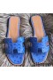 Hermes Oran Sandals In Blue Hydra Ostrich Leather