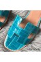 Hermes Oran Sandals In Blue Paon Shiny Niloticus Crocodile