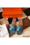 Hermes Oran Slide Sandals In Blue Jean Clemence Leather