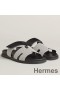 Hermes Women's Chypre Sandals In Canvas with Black Leather