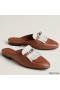 Hermes Women's Oz Mules with Fringed in Brown/White Leather