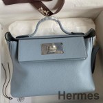 Hermes 24/24 Mini 21 Handmade Bag in Blue Lin Evercolor Leather
