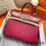 Hermes Birkin 25 Handmade Bag In Rose Red Ostrich Leather