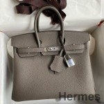Hermes Birkin 25 Retourne Handmade Bag In Etain Clemence Leather
