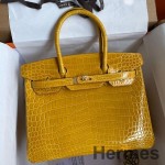 Hermes Birkin 30 Handmade Bag In Jaune Ambre Crocodile Niloticus Shiny Skin