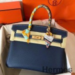 Hermes Birkin 30 Handmade Bag In Navy Blue Clemence Leather