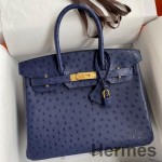 Hermes Birkin 30 Retourne Handmade Bag In Blue Iris Ostrich Leather