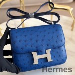 Hermes Constance 18 Handmade Bag In Blue Ostrich Leather