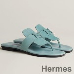 Hermes Galerie Sandals In Vert D'eau Suede Leather