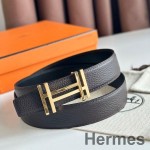 Hermes H au Carre Reversible Belt 32MM in Chocolate Clemence Leather