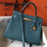 Hermes Kelly 28cm Bag In Blue Jean Clemence Leather GHW