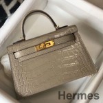Hermes Kelly Mini II Bag In Taupe Embossed Crocodile Leather