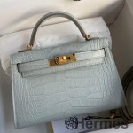 Hermes Kelly Mini II Sellier Handmade Bag In Blue Glacier Matte Alligator Leather