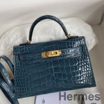 Hermes Kelly Mini II Sellier Handmade Bag In Blue Jean Shiny Alligator Leather