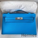 Hermes Kelly Pochette Handmade Bag In Blue Frida Swift Calfskin