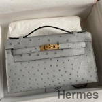 Hermes Kelly Pochette Handmade Bag In Blue Glacier Ostrich Leather