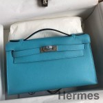 Hermes Kelly Pochette Handmade Bag In Blue du Nord Swift Calfskin