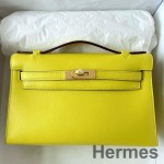 Hermes Kelly Pochette Handmade Bag In Lime Swift Calfskin