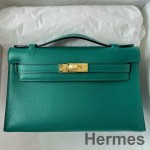 Hermes Kelly Pochette Handmade Bag In Malachite Swift Calfskin