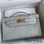 Hermes Kelly Pochette Handmade Bag In Pearl Grey Ostrich Leather