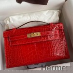 Hermes Kelly Pochette Handmade Bag In Red Shiny Alligator Leather