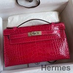 Hermes Kelly Pochette Handmade Bag In Rose Extreme Shiny Alligator Leather