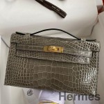 Hermes Kelly Pochette Handmade Bag In Taupe Shiny Alligator Leather