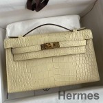 Hermes Kelly Pochette Handmade Bag In Vanille Matte Alligator Leather