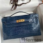 Hermes Kelly Pochette Handmade Bag In Vert Bosphore Shiny Alligator Leather