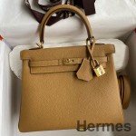 Hermes Kelly Retourne 25 Handmade Bag In Biscuit Clemence Leather