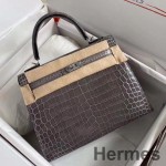 Hermes Kelly Retourne 25 Handmade Bag In Taupe Crocodile Niloticus Shiny Skin