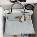 Hermes Kelly Retourne 28 Handmade Bag In Blue Glacier Clemence Leather