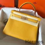 Hermes Kelly Retourne 28 Handmade Bag In Jaune Ambre Clemence Leather