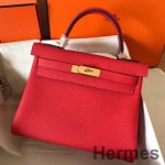 Hermes Kelly Retourne 28 Handmade Bag In Red Clemence Leather