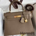 Hermes Kelly Retourne 28 Handmade Bag In Taupe Clemence Leather