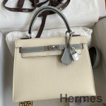 Hermes Kelly Sellier 25 Bicolor Bag in Craie and Gris Mouette Epsom Calfskin