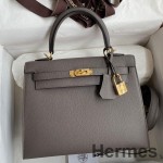 Hermes Kelly Sellier 25 Handmade Bag In Etain Epsom Calfskin