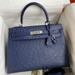 Hermes Kelly Sellier 32 Handmade Bag In Blue Iris Ostrich Leather
